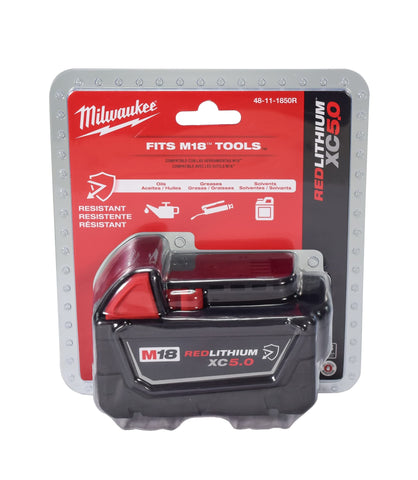 Milwaukee 48-11-1850R battery pack, side view, rugged housing protects in oil-heavy environments.