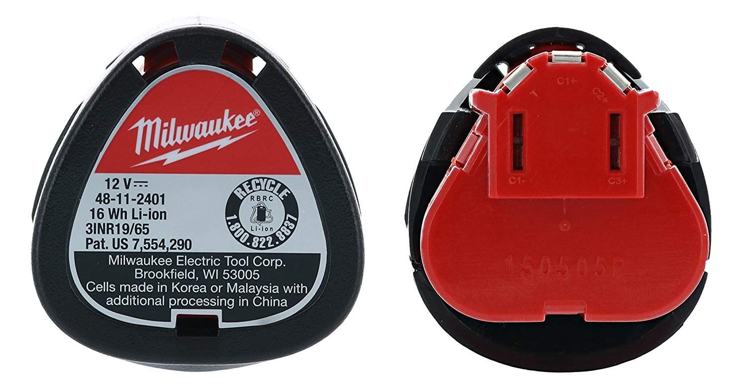 Milwaukee two-pack battery pack close-up emphasizing Redlithium cells and durability