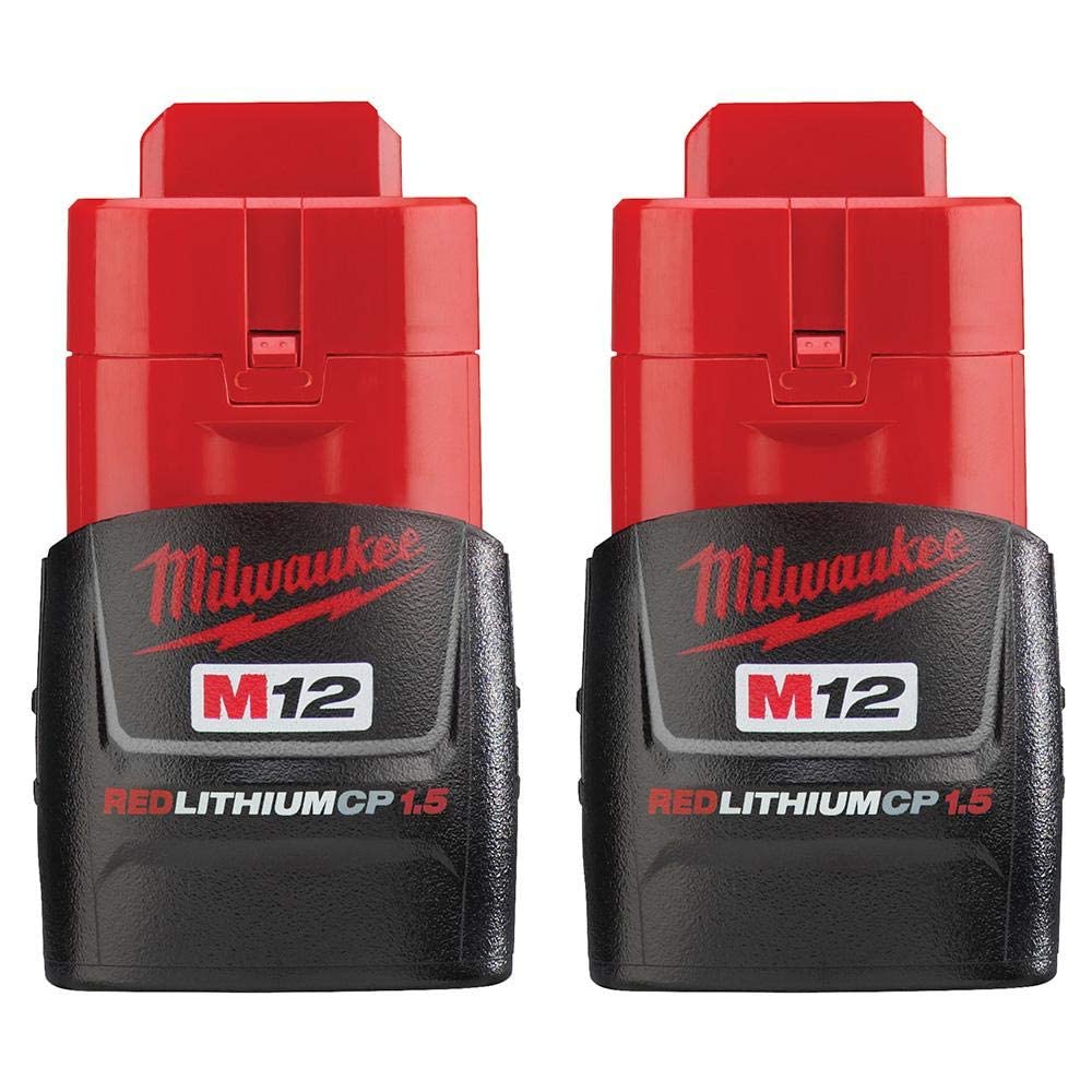 Milwaukee M12 two-pack battery pack side view shows compact design for handling