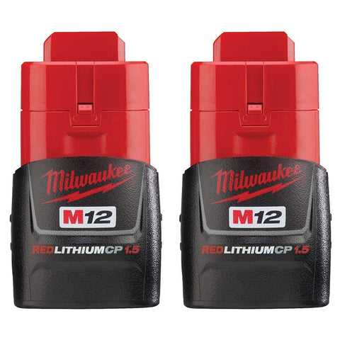 Milwaukee M12 two-pack battery pack side view shows compact design for handling