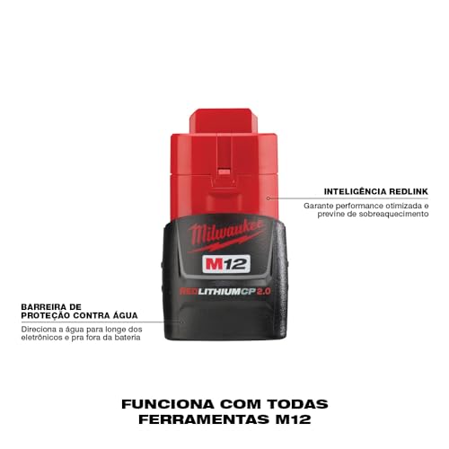Milwaukee 48-11-2420 battery inside tool illustrates quick swap with M12 tools