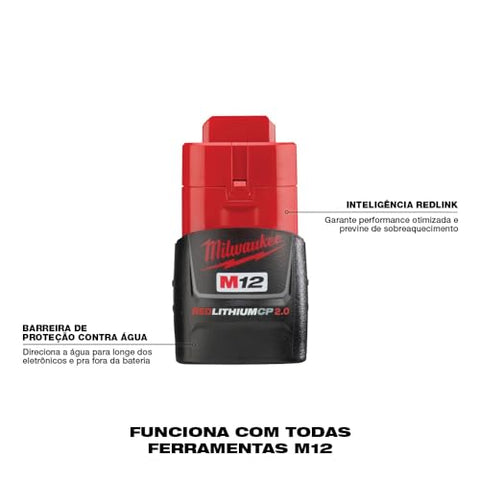 Milwaukee 48-11-2420 battery inside tool illustrates quick swap with M12 tools