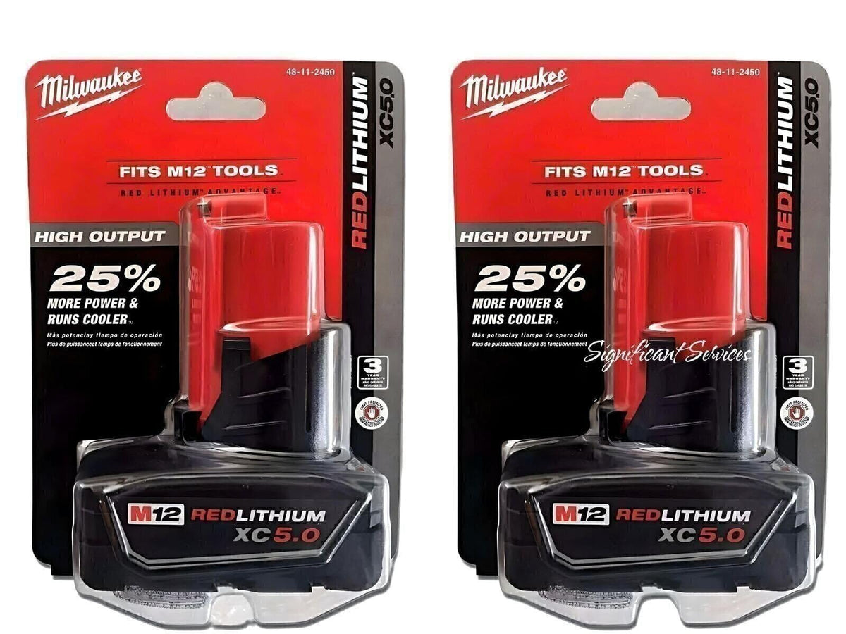 Milwaukee 48-11-2450 battery pack front view with fade-free power in all weather.
