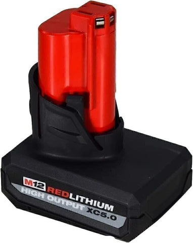 Milwaukee 48-11-2450 battery pack in use with cordless tools.