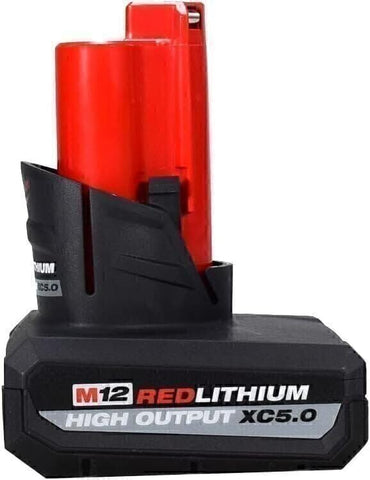 Milwaukee 48-11-2450 battery pack close-up label showing compatibility.