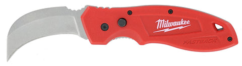 Milwaukee 48-22-1985 hawk bill folding knife close-up blade for precise cuts.