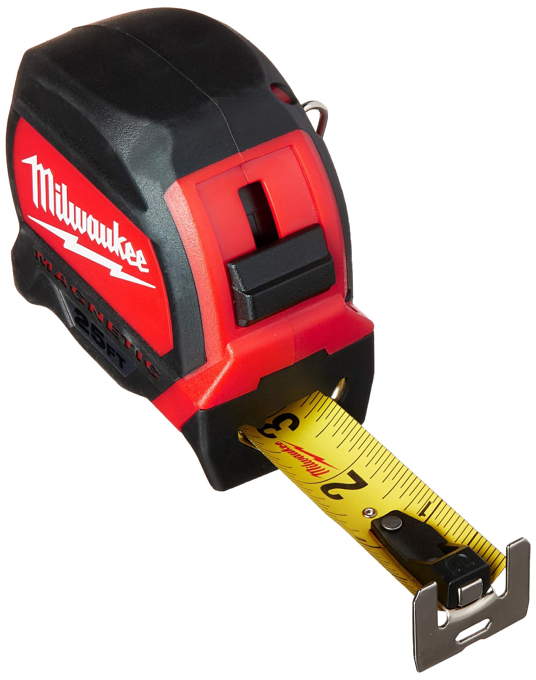 Dual magnets securely attach to steel studs and EMT with the Milwaukee tape