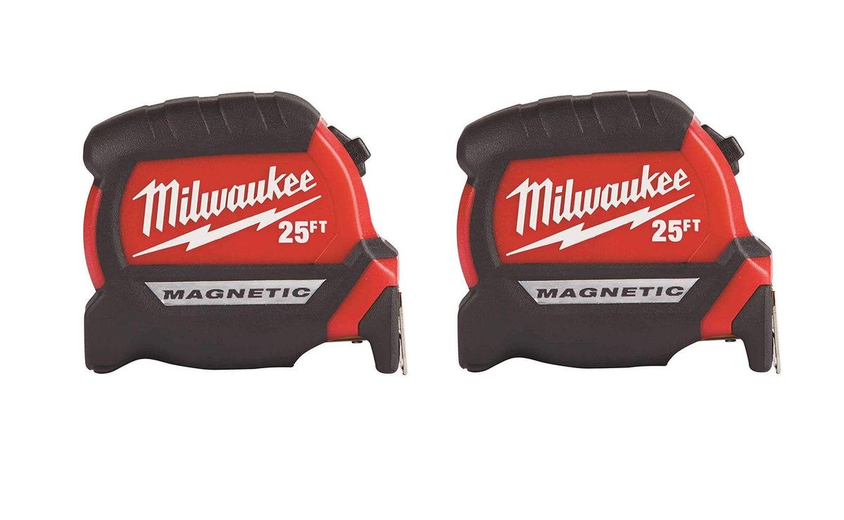 Milwaukee 48-22-7125 magnetic tape measure with 25 ft blade for hands-free metal measuring.