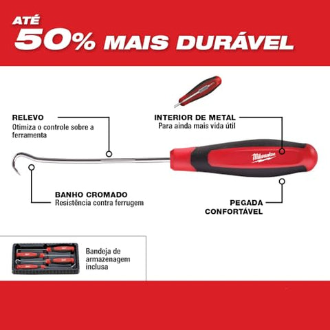 Milwaukee 4-piece hook and pick set highlighting all-metal core for durability.