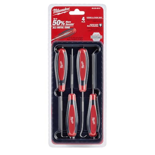 Milwaukee 4-piece hook and pick set with ergonomic grip for precise handling.