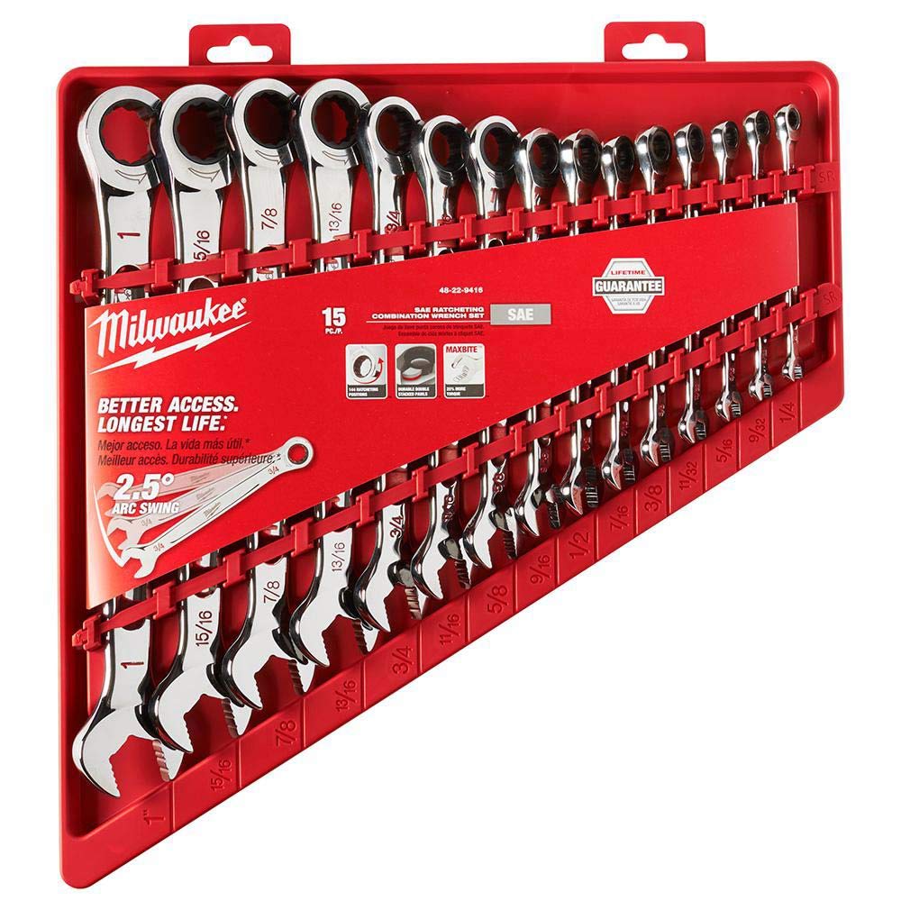 Milwaukee 48-22-9416 ratcheting wrench set SAE arc swing for tight spaces.