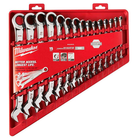Milwaukee 48-22-9416 ratcheting wrench set SAE arc swing for tight spaces.