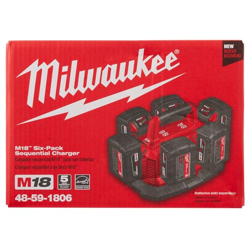 Milwaukee charger in use on workbench with batteries charging in sequence