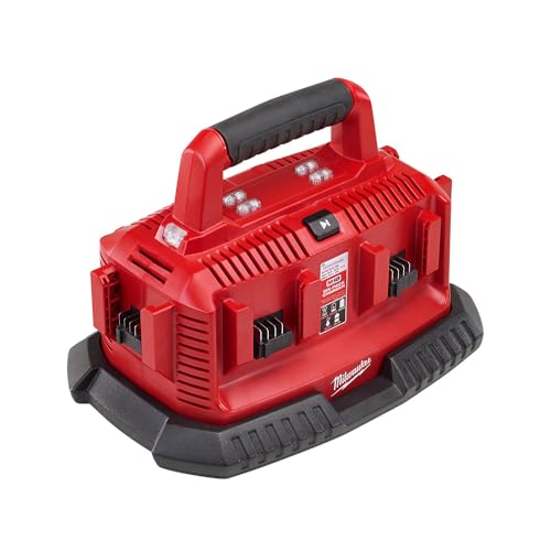 Milwaukee six-pack charger side view highlighting compact, durable design for job sites