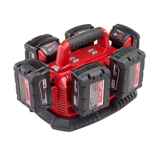 Milwaukee M18 six-pack charger top view showing tidy battery bays for quick setup