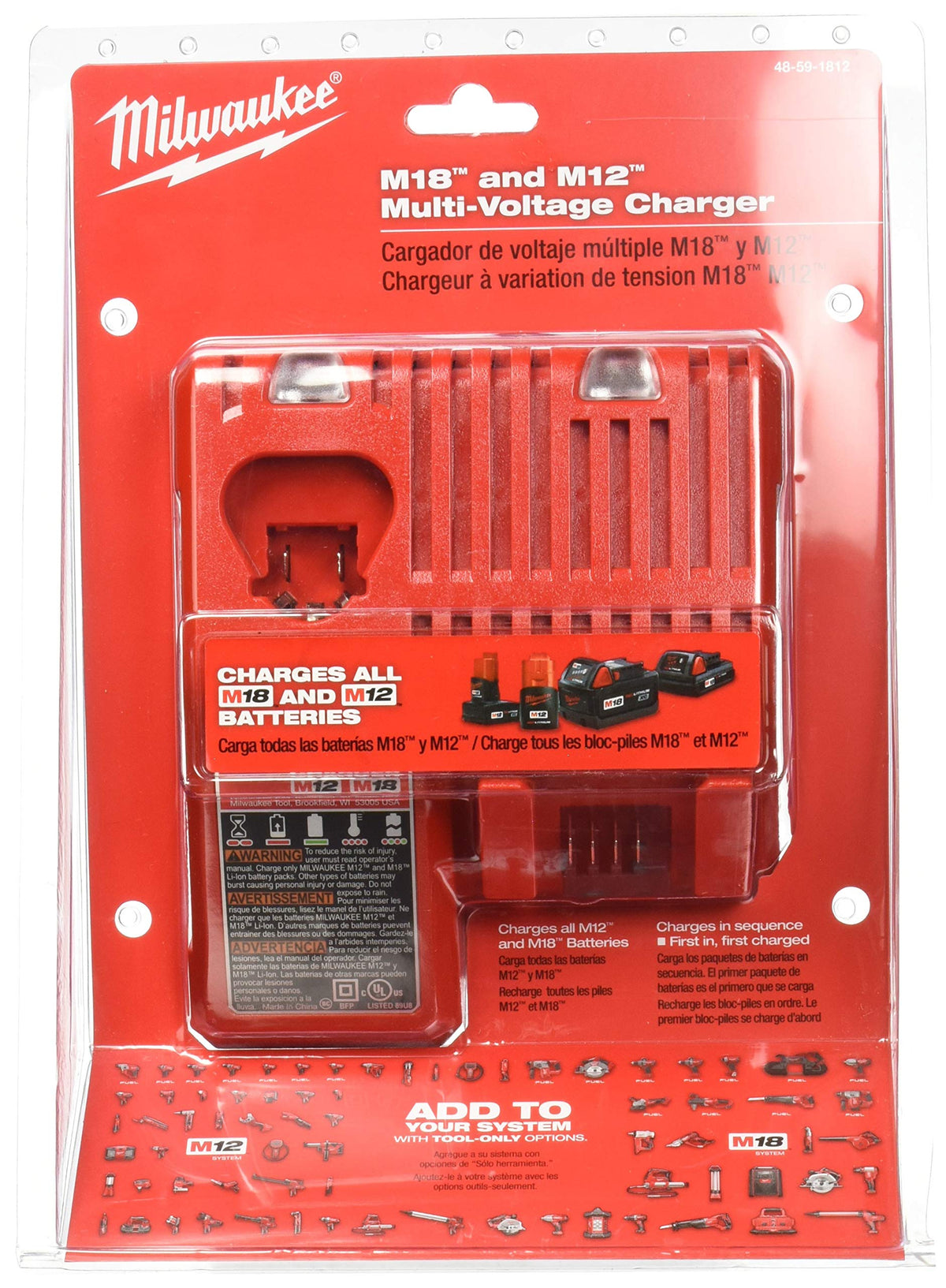 Milwaukee 48-59-1812 front view enabling dual 12V/18V charging for versatile power on site.