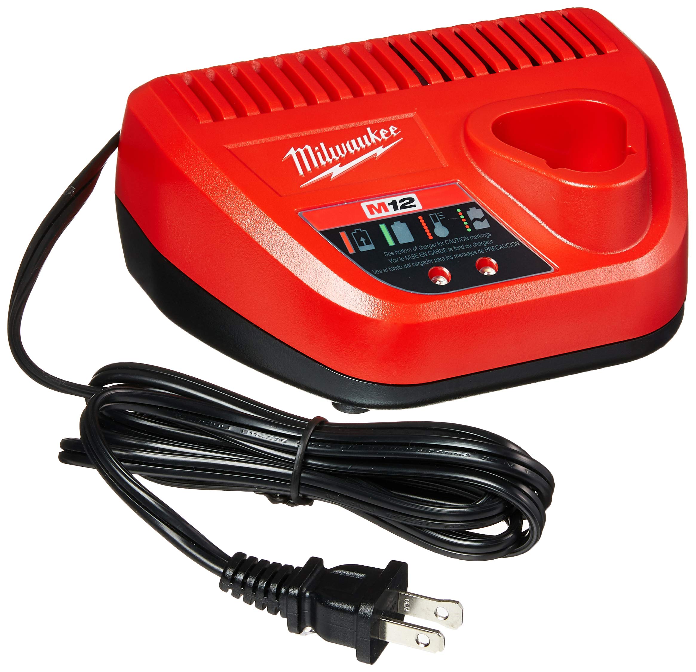 Milwaukee 48-59-2401 charger front view powering 12V M12 batteries.