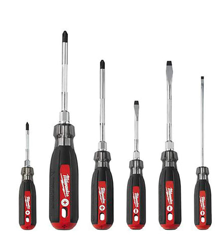Milwaukee 6pc cushion grip screwdriver kit shown on a workbench for quick access.
