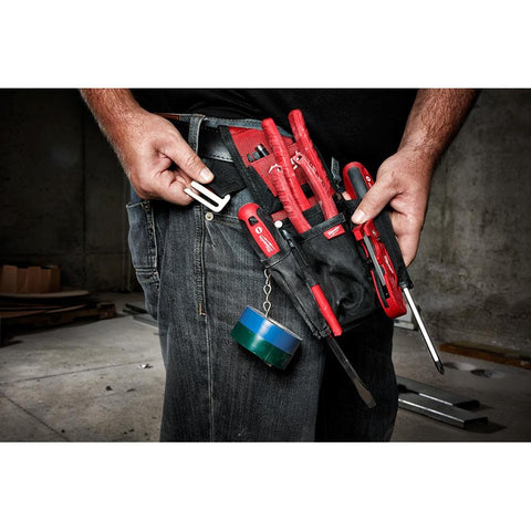 Milwaukee 7-pocket pouch in use demonstrating on-site organization