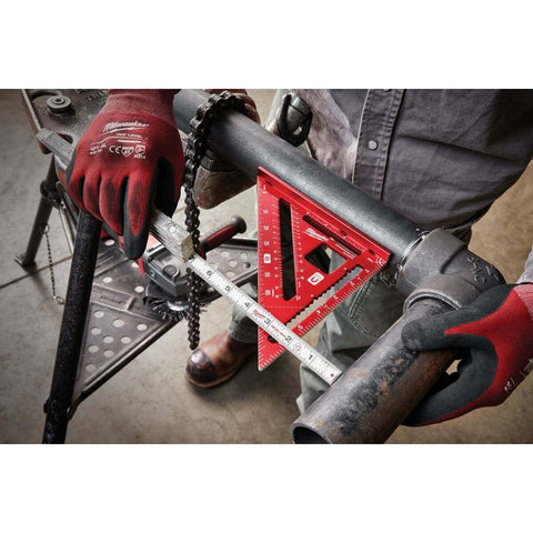 Milwaukee 7in magnetic rafter square showing 1in cutout pipe prop for versatile mounting