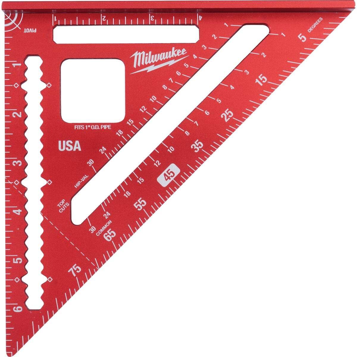 Milwaukee 7in magnetic rafter square highlighting the 1-1/8in heel for precise corners
