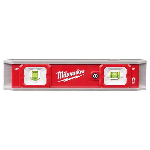 Milwaukee 9-inch torpedo level with LED vials for easy readings in dim workspaces