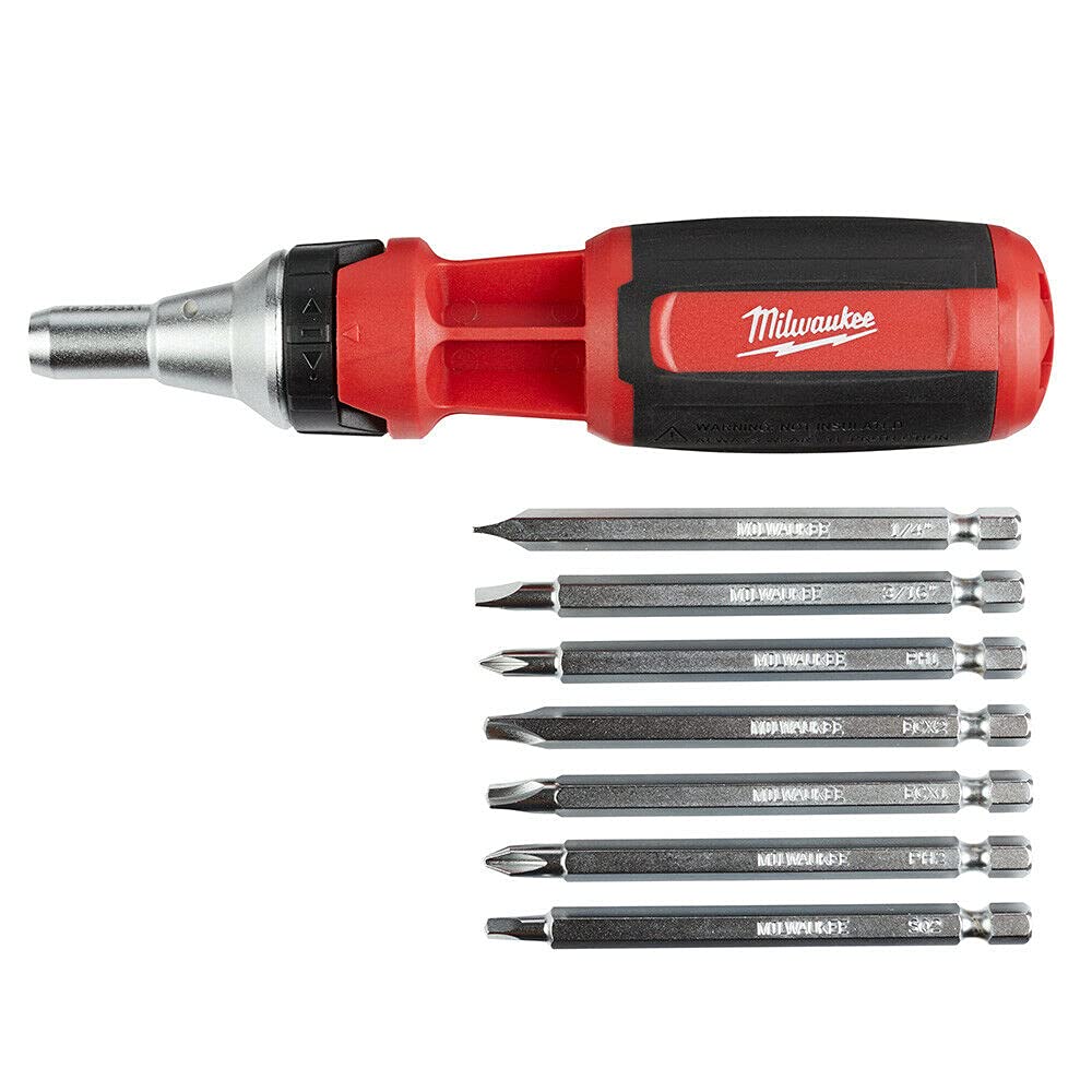 Milwaukee 9-in-1 driver with interchangeable power groove bits for versatile quick-change tasks.