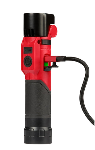 Pivoting light angle on Milwaukee device for precise task lighting.