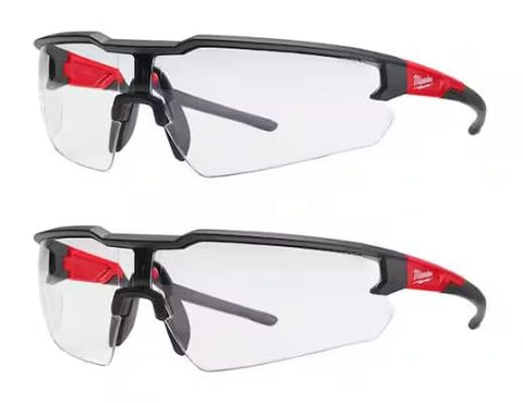 Milwaukee anti-fog safety glasses with clear lenses and a black/red frame for all-day clear vision