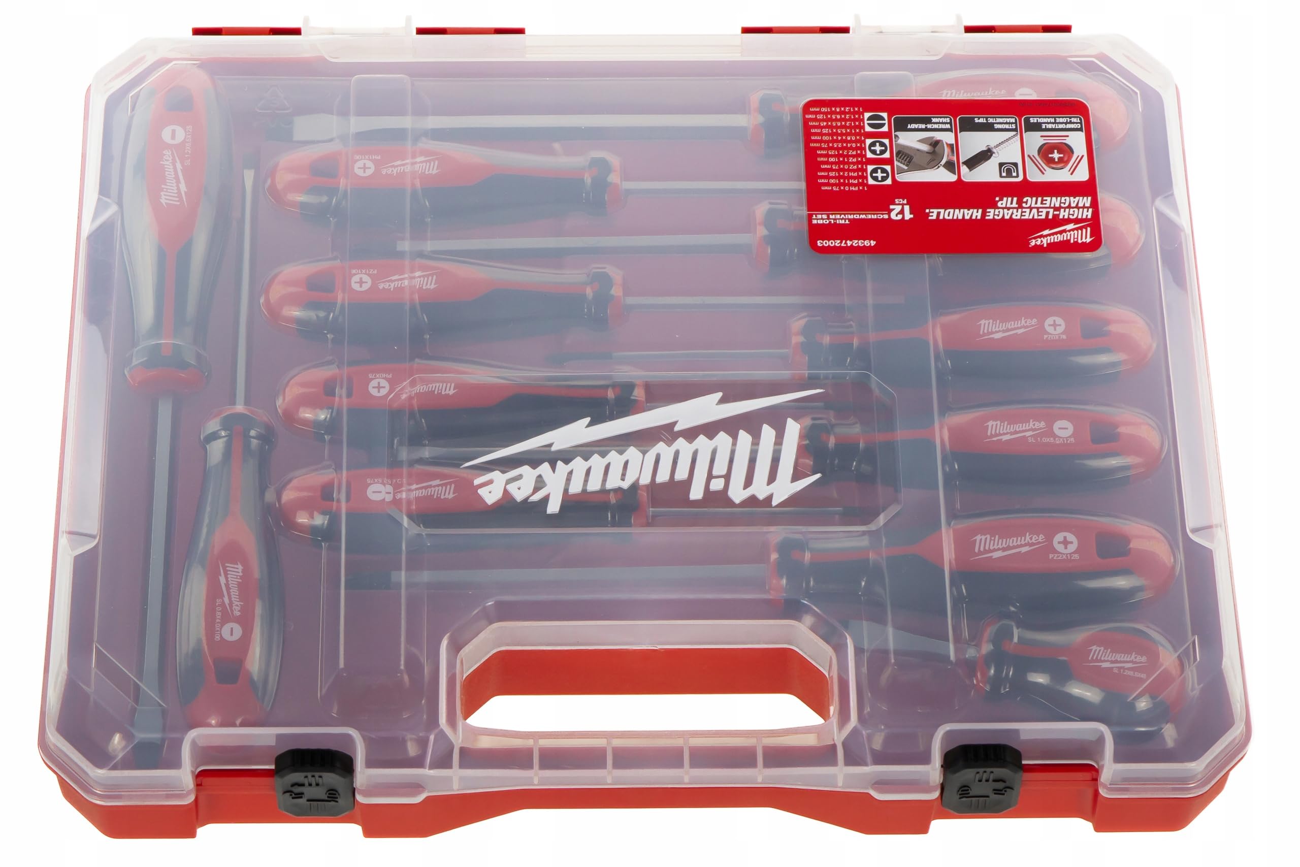Milwaukee anti-roll tri-lobe screwdrivers; stable on work surfaces for efficient use.
