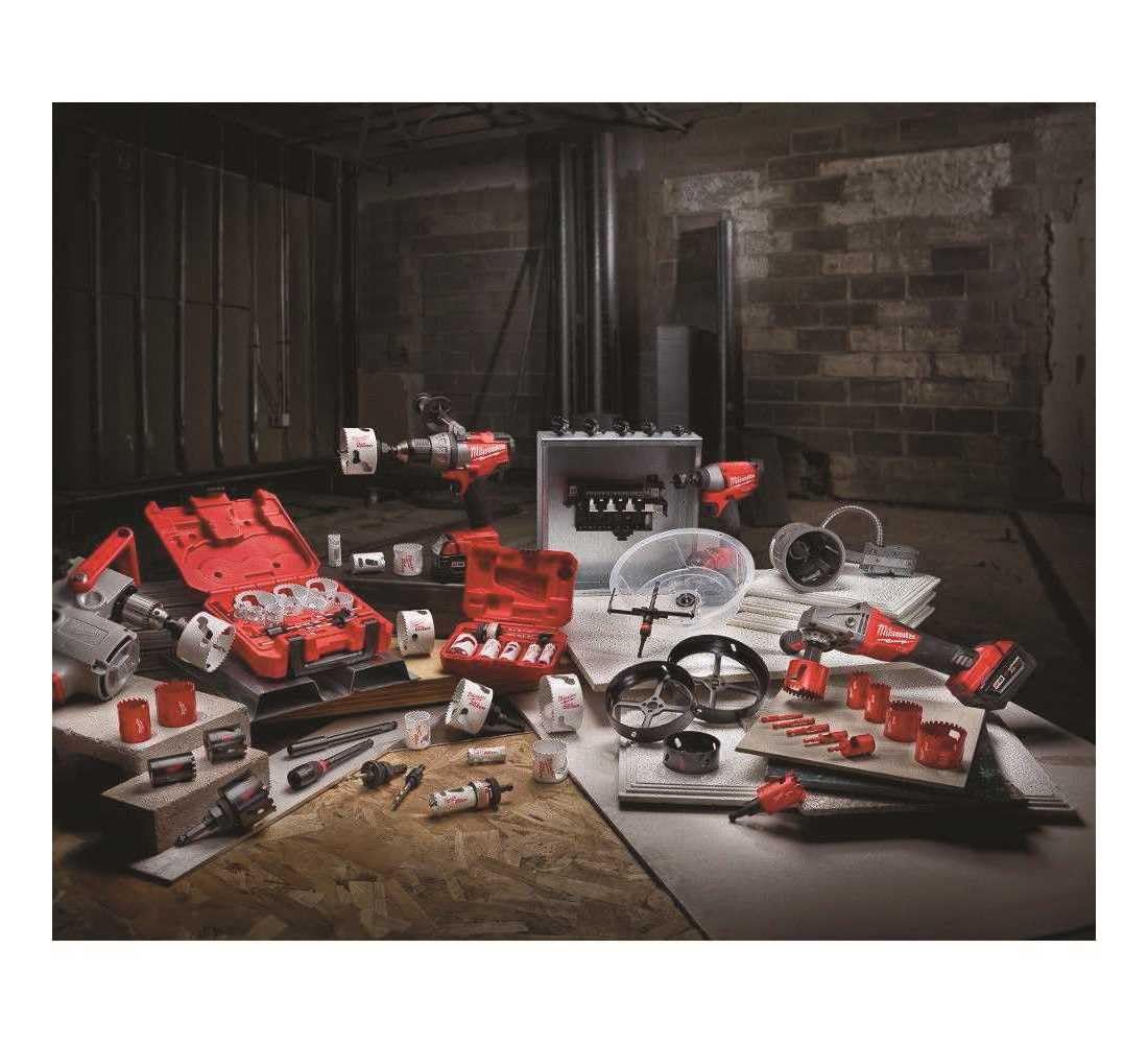 Milwaukee hole saw compatible with universal arbors for quick changes.