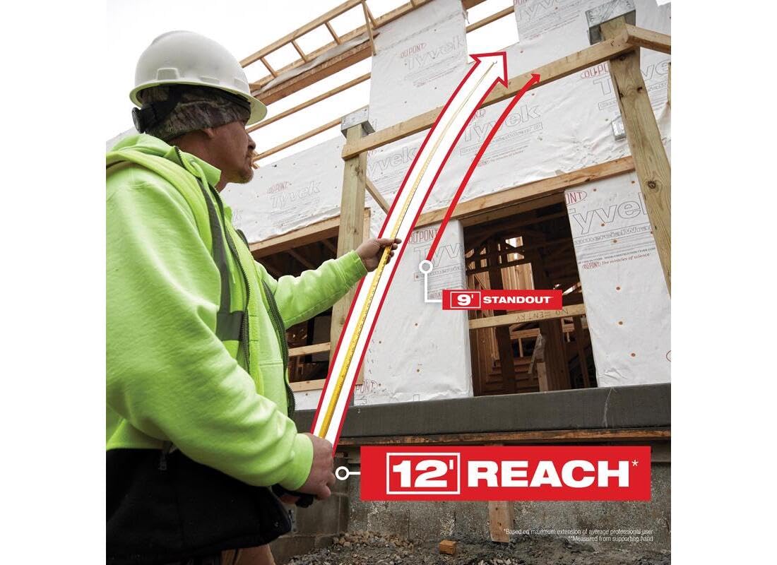 Ergonomic grip on Milwaukee tape measure offers comfortable handling during long tasks.