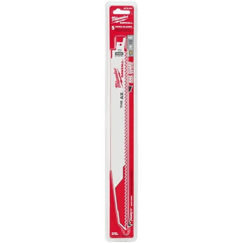 Milwaukee AX Sawzall blade shows Fang Tip for immediate bite into wood