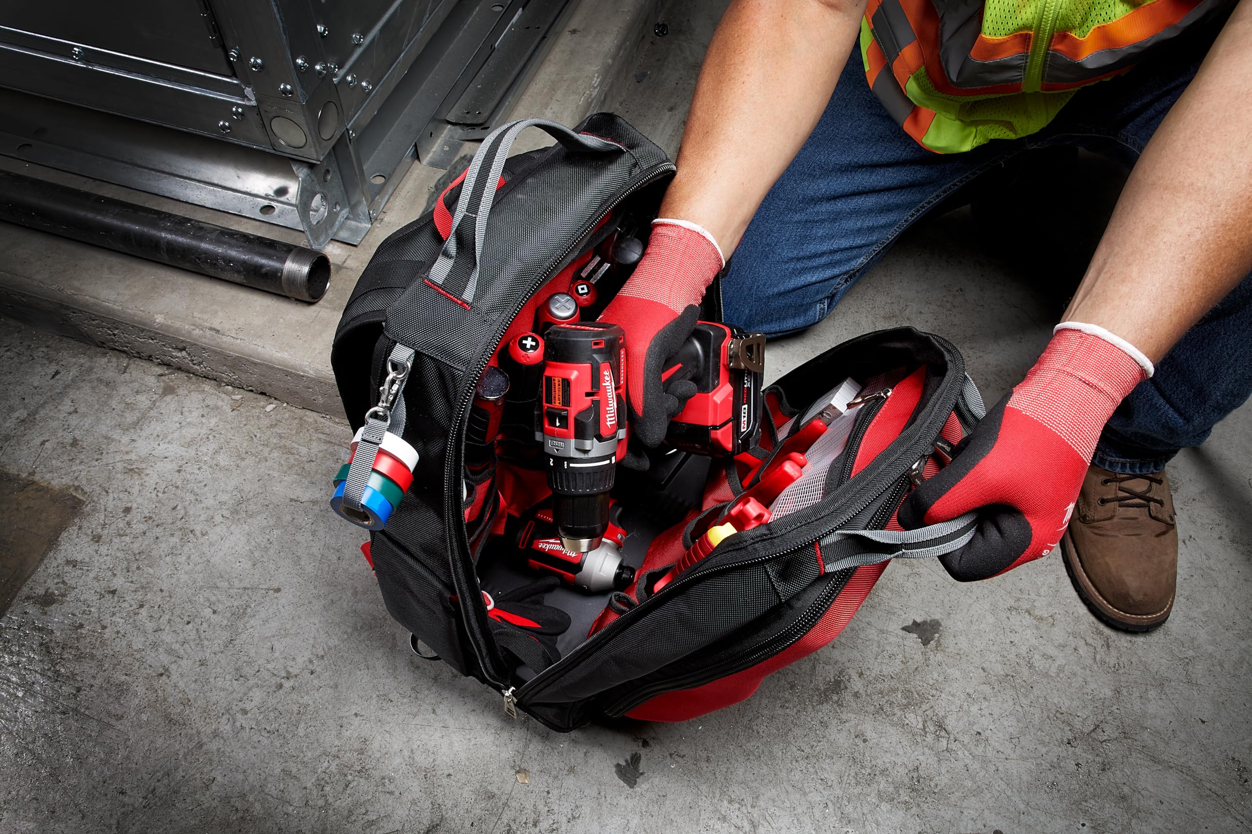 Milwaukee Jobsite backpack weather-resistant material for harsh job sites.