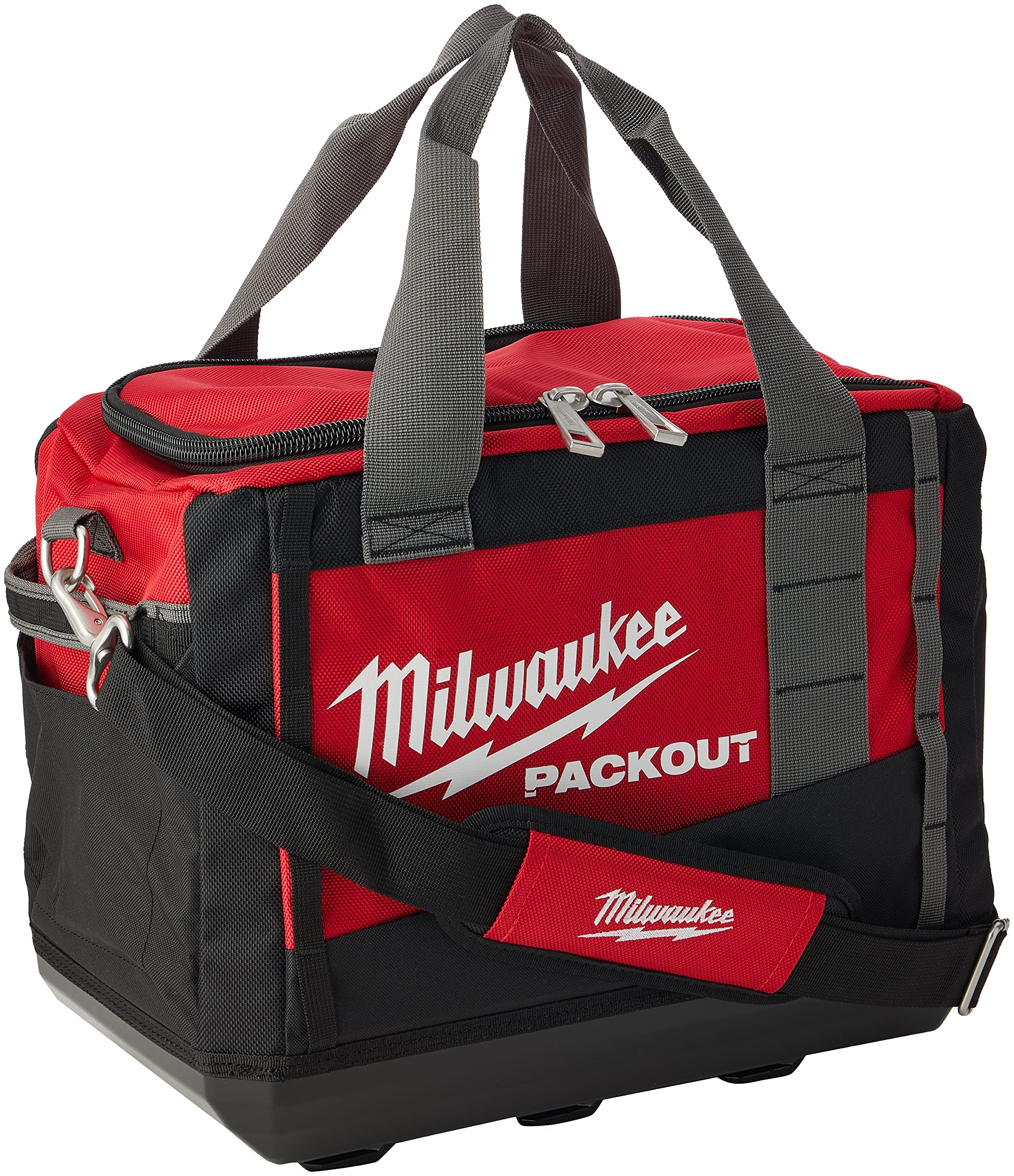 Milwaukee-molded-base tool bag shows rugged stability for job sites.
