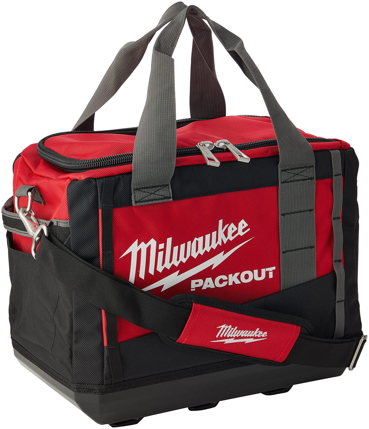Milwaukee-molded-base tool bag shows rugged stability for job sites.