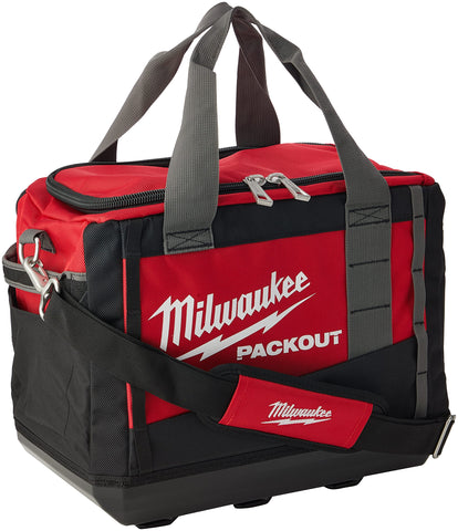 Milwaukee-molded-base tool bag shows rugged stability for job sites.