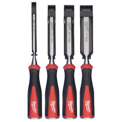 Milwaukee beveled edge chisels set 4pc in action for precise woodworking tasks