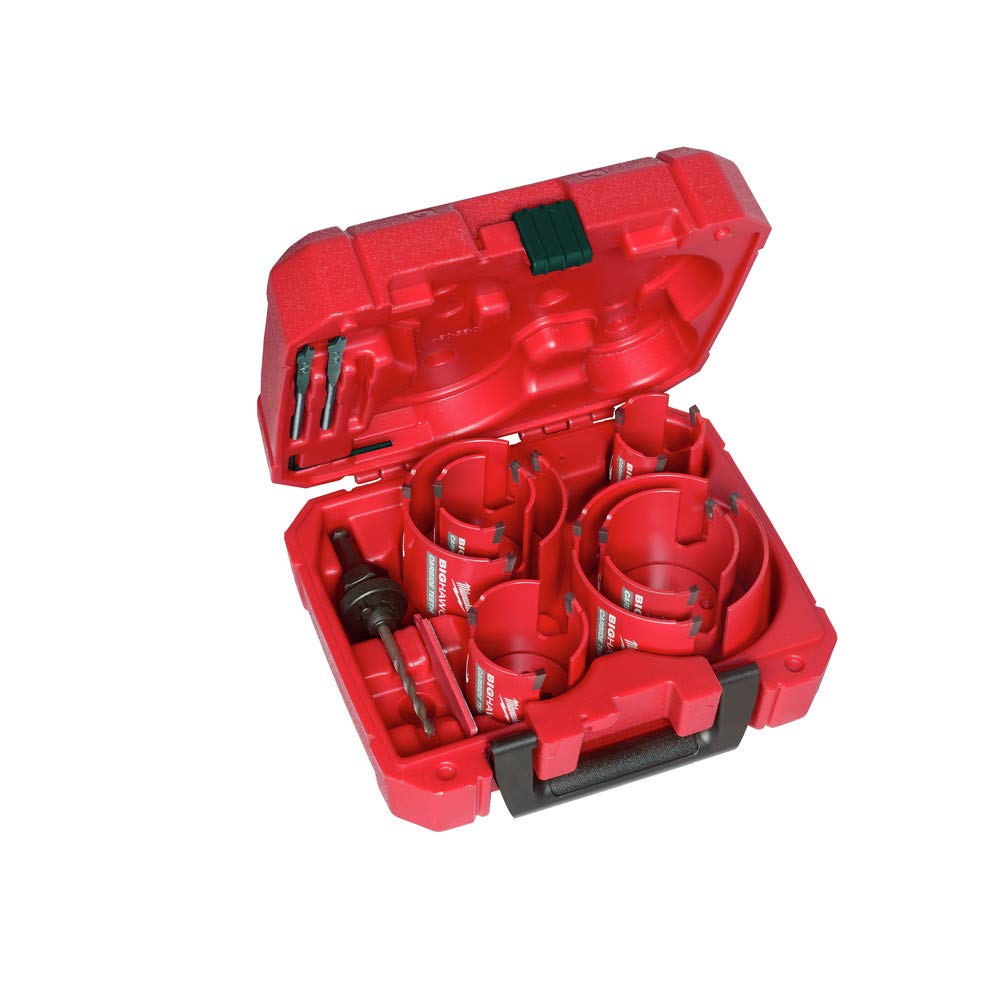 Milwaukee Big Hawg 10pc hole saw kit with carbide teeth for tough cuts.