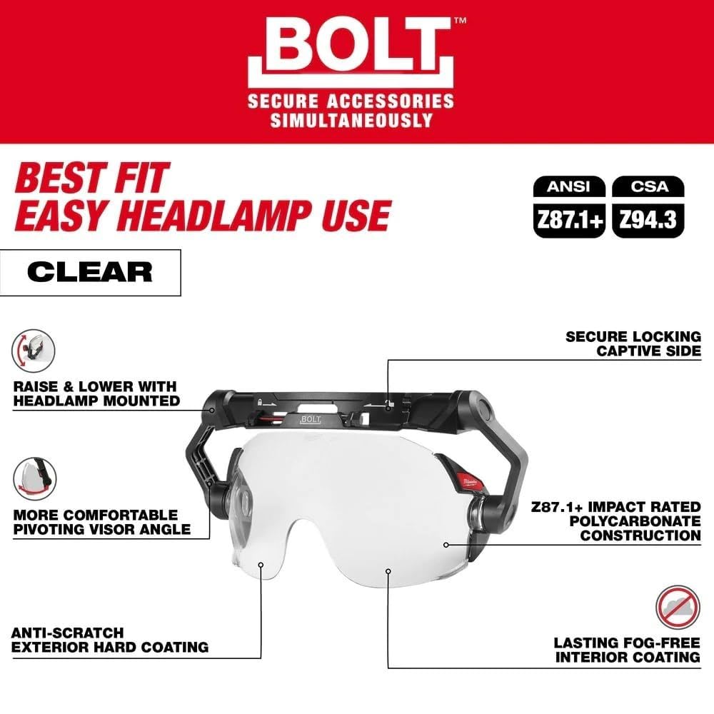Milwaukee Bolt Clear Eye Visor side view showing wide peripheral visibility and secure fit.