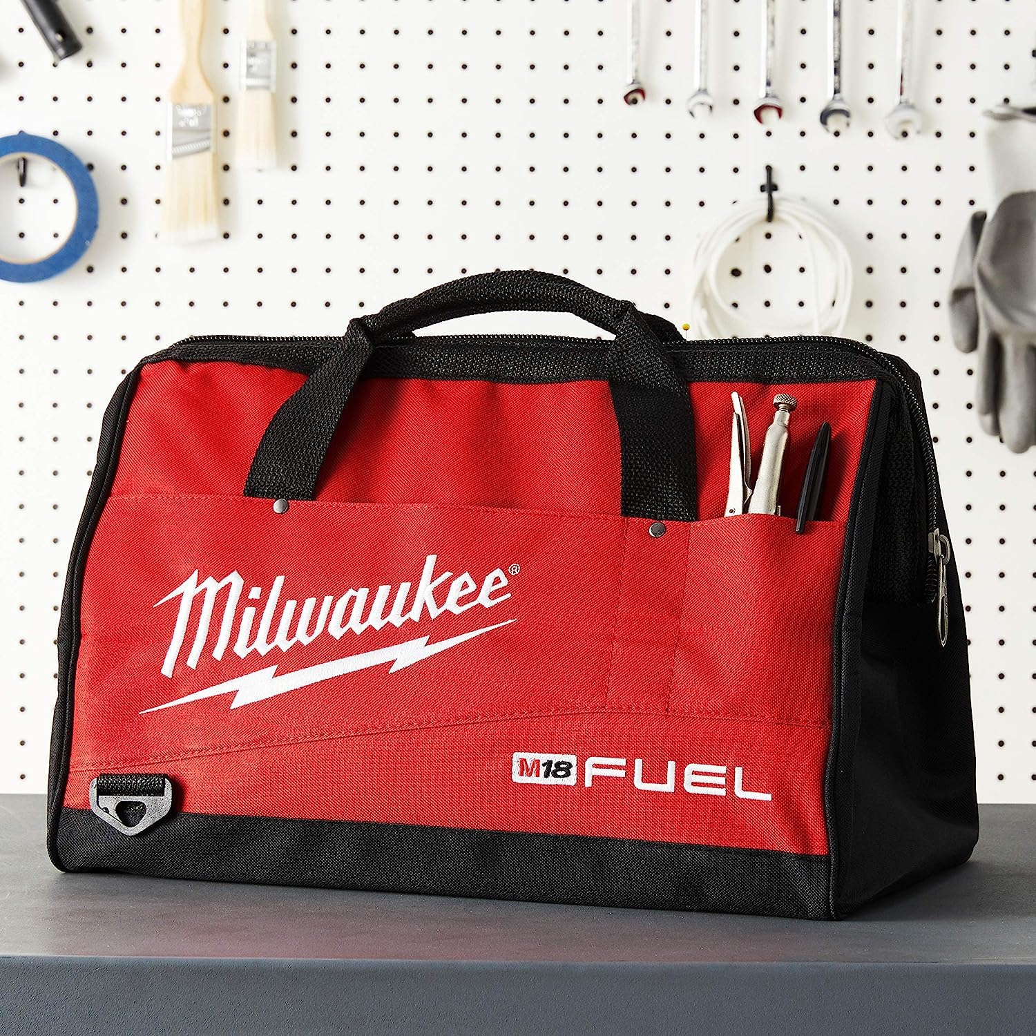 Milwaukee canvas tool bag heavy-duty zippers secure tightly packed gear