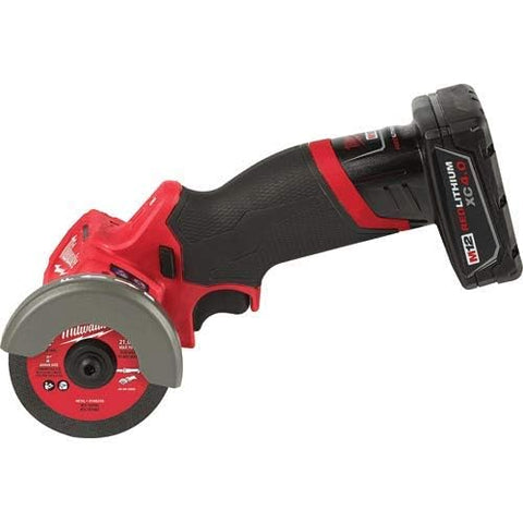 Milwaukee compact cut-off tool shown for overhead, tight-space work.