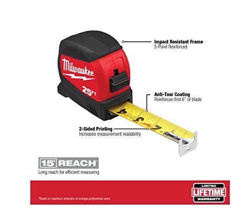 Milwaukee tape measure ABS case in black and red is durable for job sites.