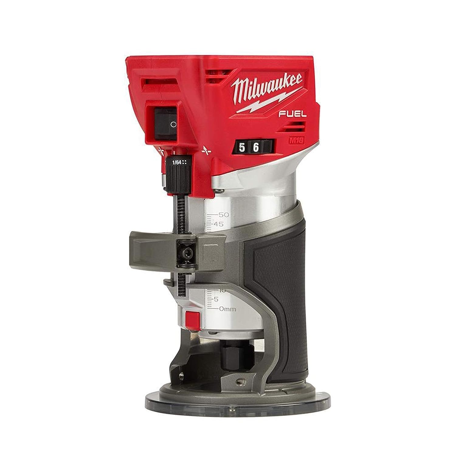 Milwaukee cordless compact router base shown at four inches for stable edge work.