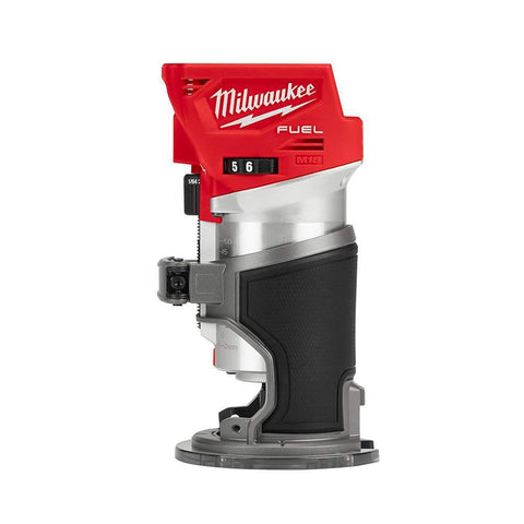 Milwaukee cordless compact router front view highlights compact size for precise routing.