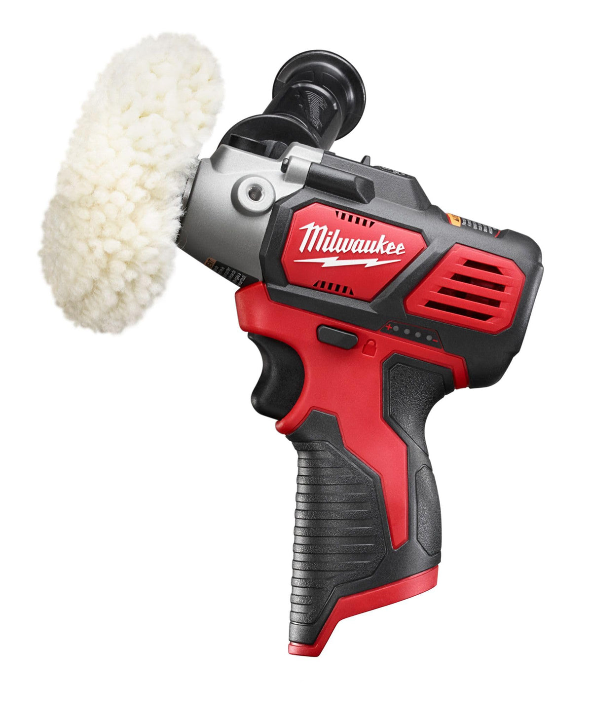 Milwaukee cordless polisher front view with 3in polishing backing pad for detailing.