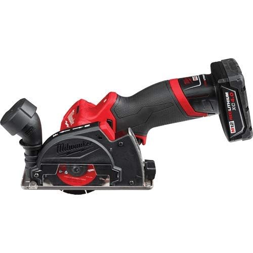 Milwaukee M12 FUEL tool illustrates reversible blade rotation for safer debris control.