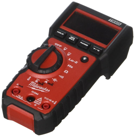 Milwaukee digital multimeter display with backlit screen for clear readings on dim job sites