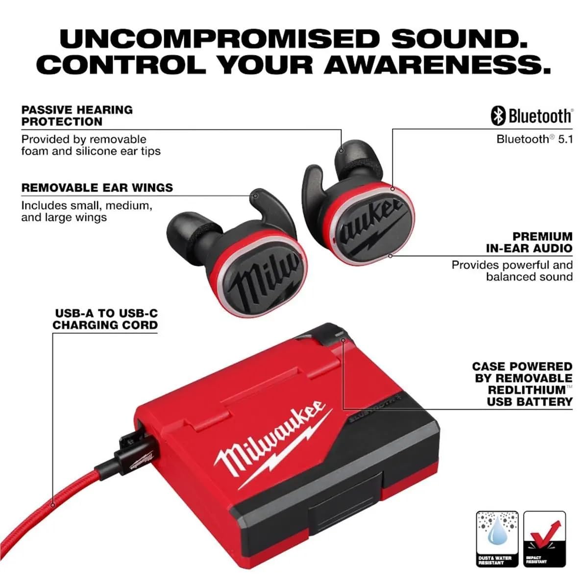 Milwaukee earbuds Bluetooth pairing for quick, stable wireless connection.