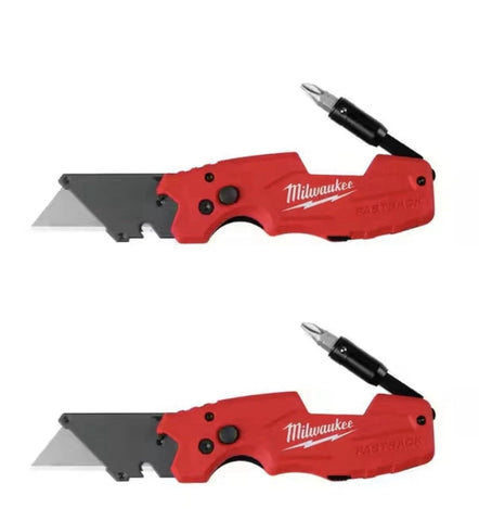 Milwaukee Fastback 6-in-1 folding knife, two-pack, versatile tool for electricians and DIY projects.